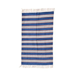 Handwoven Blue and White Bold Striped Cotton Rug with Fringes