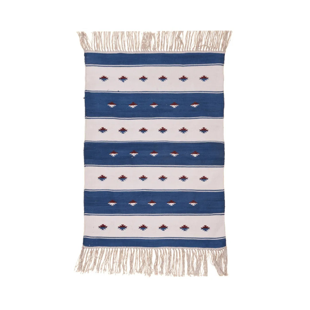 Handwoven Blue and White Stripe Accent Cotton Rug with Fringes