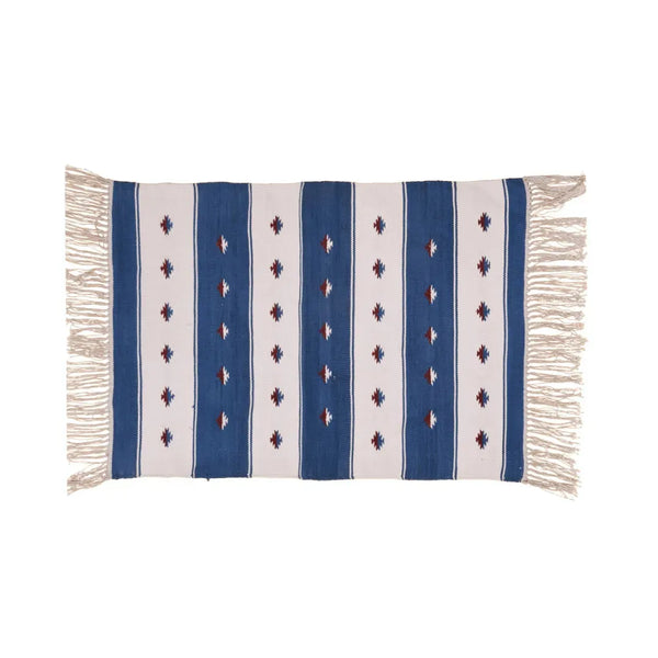 Handwoven Blue and White Stripe Accent Cotton Rug with Fringes
