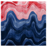 Top view of the Chromatic Currents Hand Tufted Area Rug showcasing vibrant abstract waves in shades of red and blue, creating a dynamic and artistic pattern.