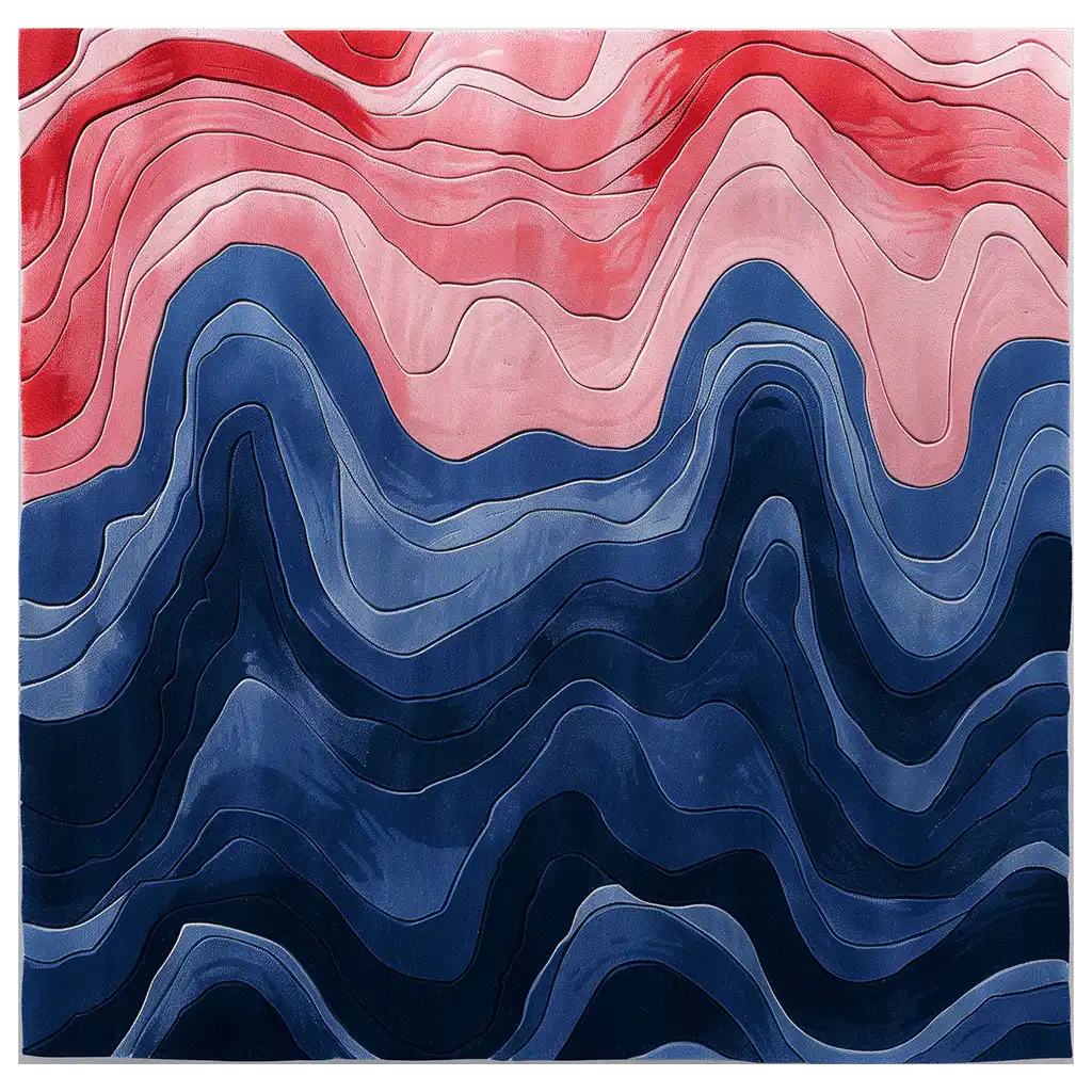 Top view of the Chromatic Currents Hand Tufted Area Rug showcasing vibrant abstract waves in shades of red and blue, creating a dynamic and artistic pattern.
