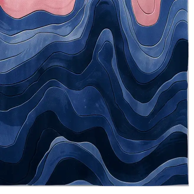Top view of the Chromatic Currents Hand Tufted Rug, showcasing its abstract design with flowing waves in shades of blue and hints of pink, creating a dynamic visual effect. This area rug adds a touch of artistic elegance to any space.