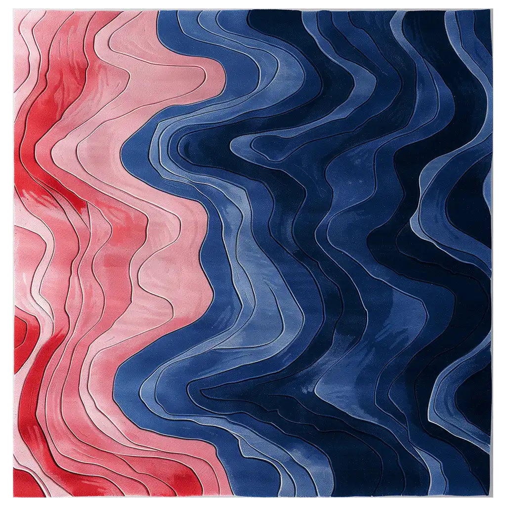A vibrant area rug featuring a wavy, abstract design with rich shades of red and blue, creating a dynamic visual flow. Perfect for adding a modern touch to any room.