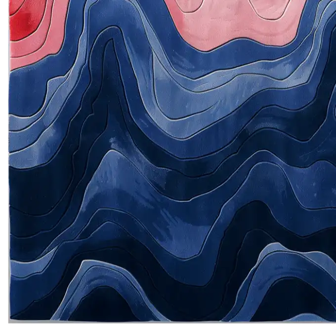 Vibrant Chromatic Currents Hand Tufted Area Rug showcasing dynamic waves of blue and pink hues, creating a visually striking abstract design.