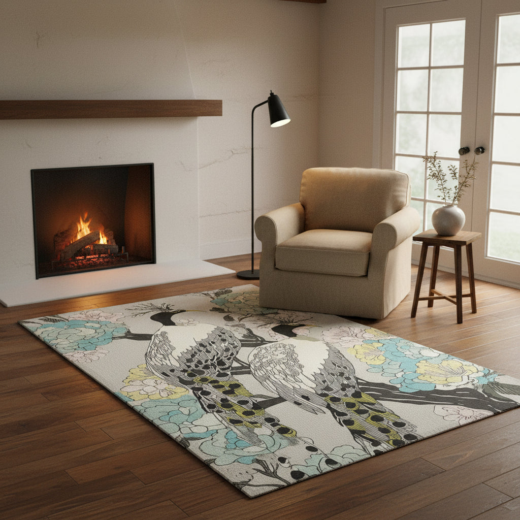 Decorative rug with stylized birds and floral patterns on a neutral background
