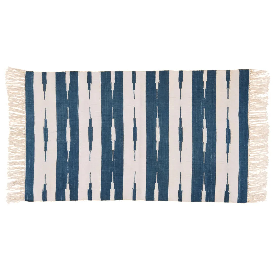 Handwoven Blue and White Stripe Ikat Cotton Rug with Fringes