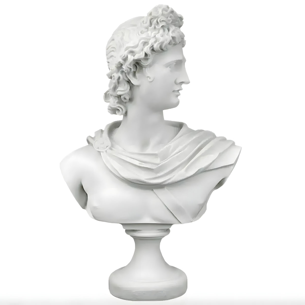 White Apollo Belvedere bust sculpture in profile, curly hair and draped toga on a round pedestal
