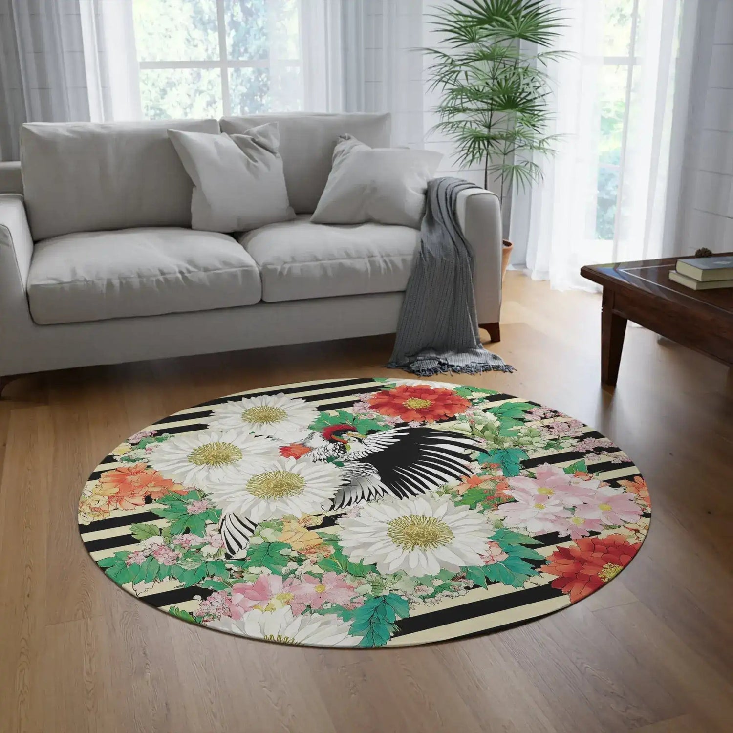 Striped Bloom & Bird Round Rug