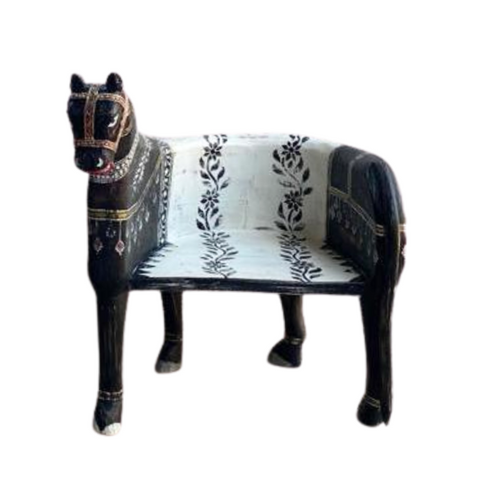 Introducing the Handcrafted Wooden Horse Maharaja Chair - a true masterpiece of artisanal skill. This exquisite chair boasts a majestic horse motif meticulously carved into its frame, exuding grace and grandeur. With its rich wood finish and luxurious upholstery, it stands as a symbol of opulence and prestige.