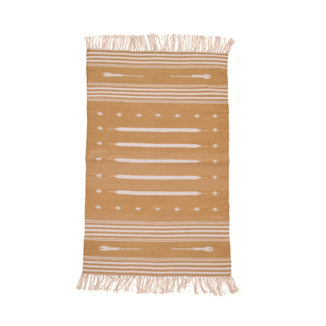 Handwoven Earthy White Stripe Ikat Cotton Rug with Fringes
