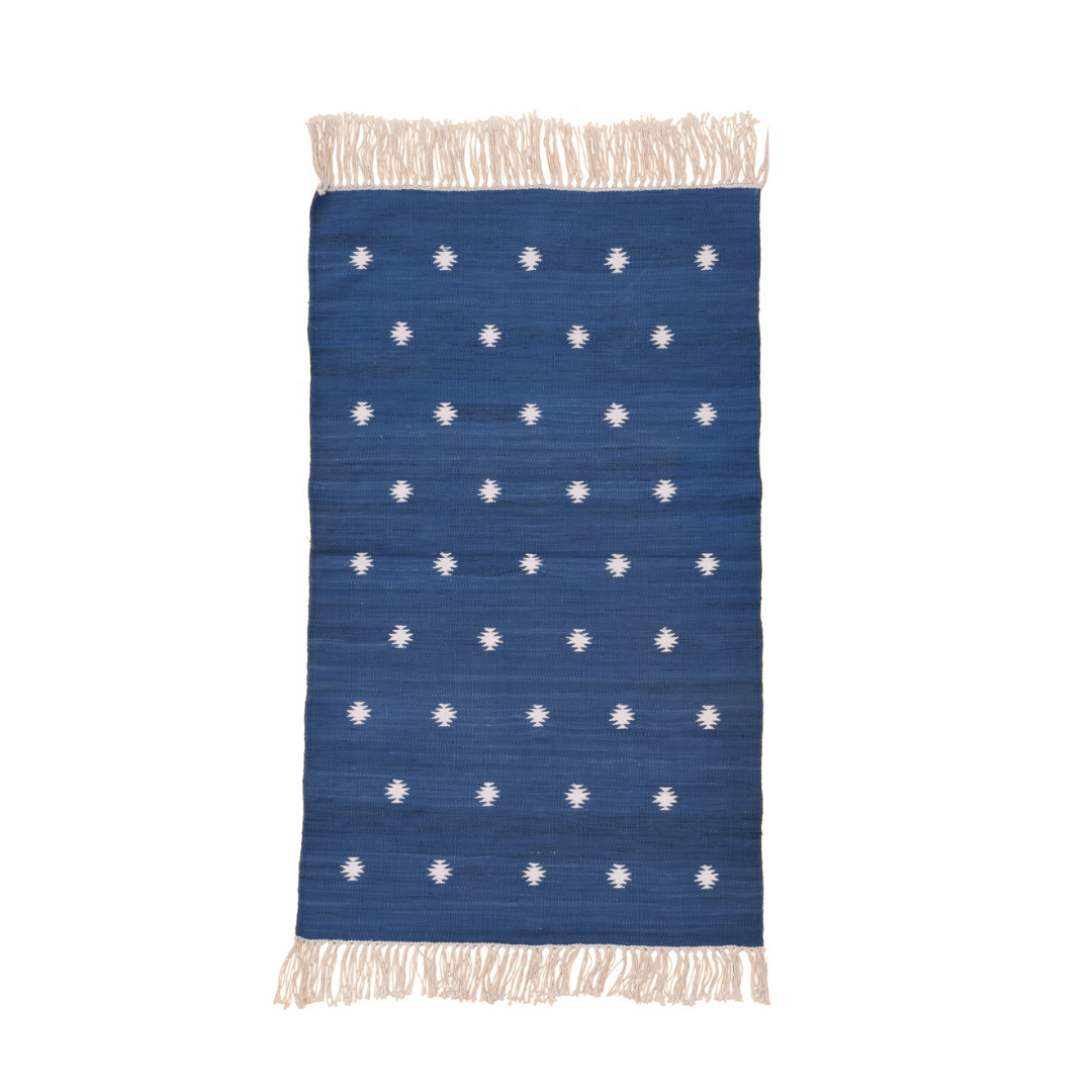 Handwoven Blue and White Diamond Cotton Rug with Fringes