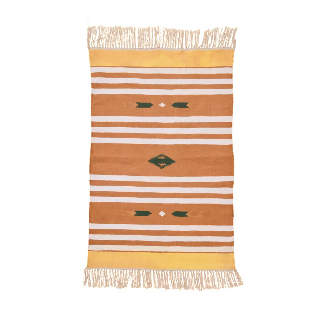 Handwoven Orange and White Patterned Cotton Rug with Fringes