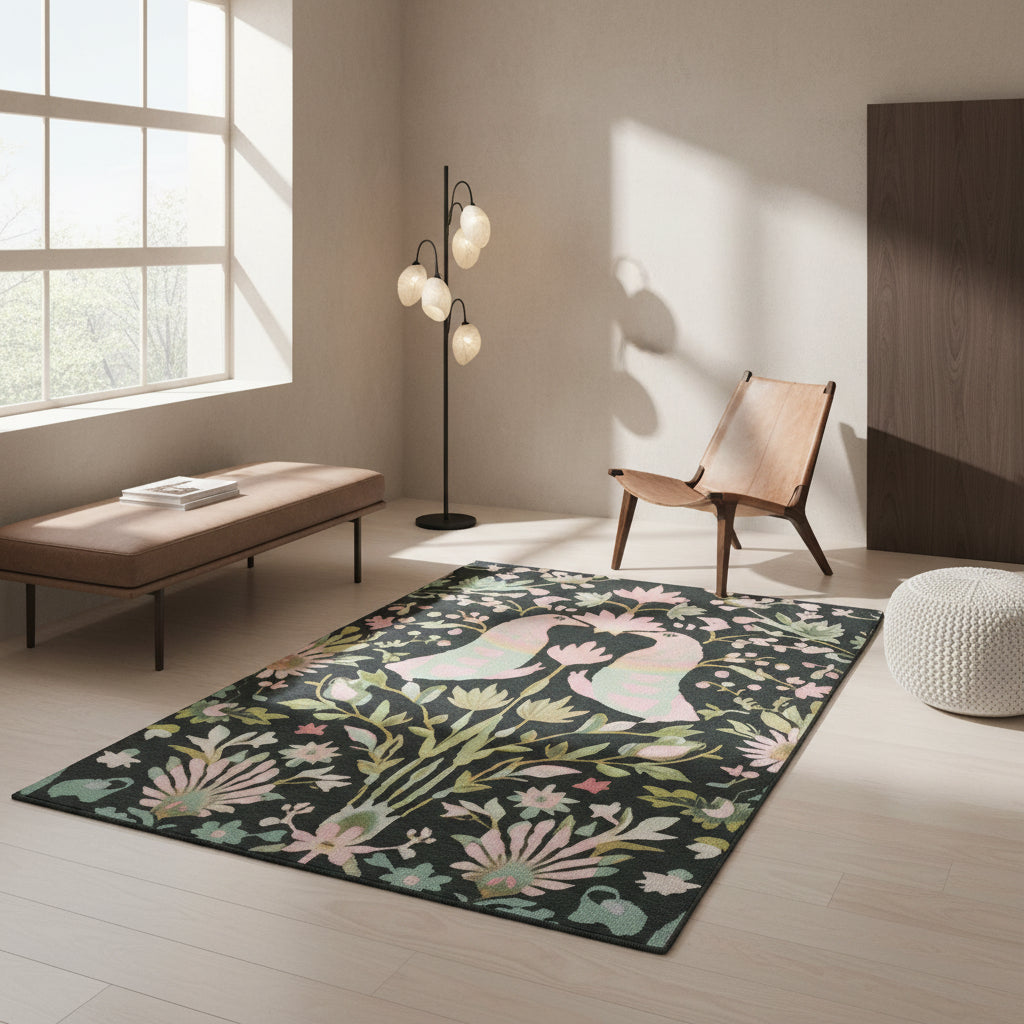 Decorative mat with floral and bird design on a black background