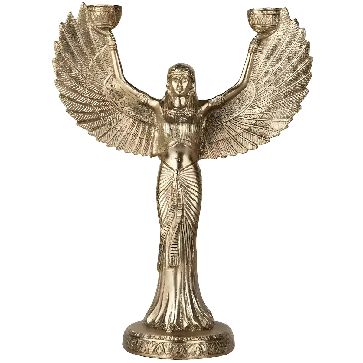 Brass winged goddess Isis candelabra holding two candle cups, front view