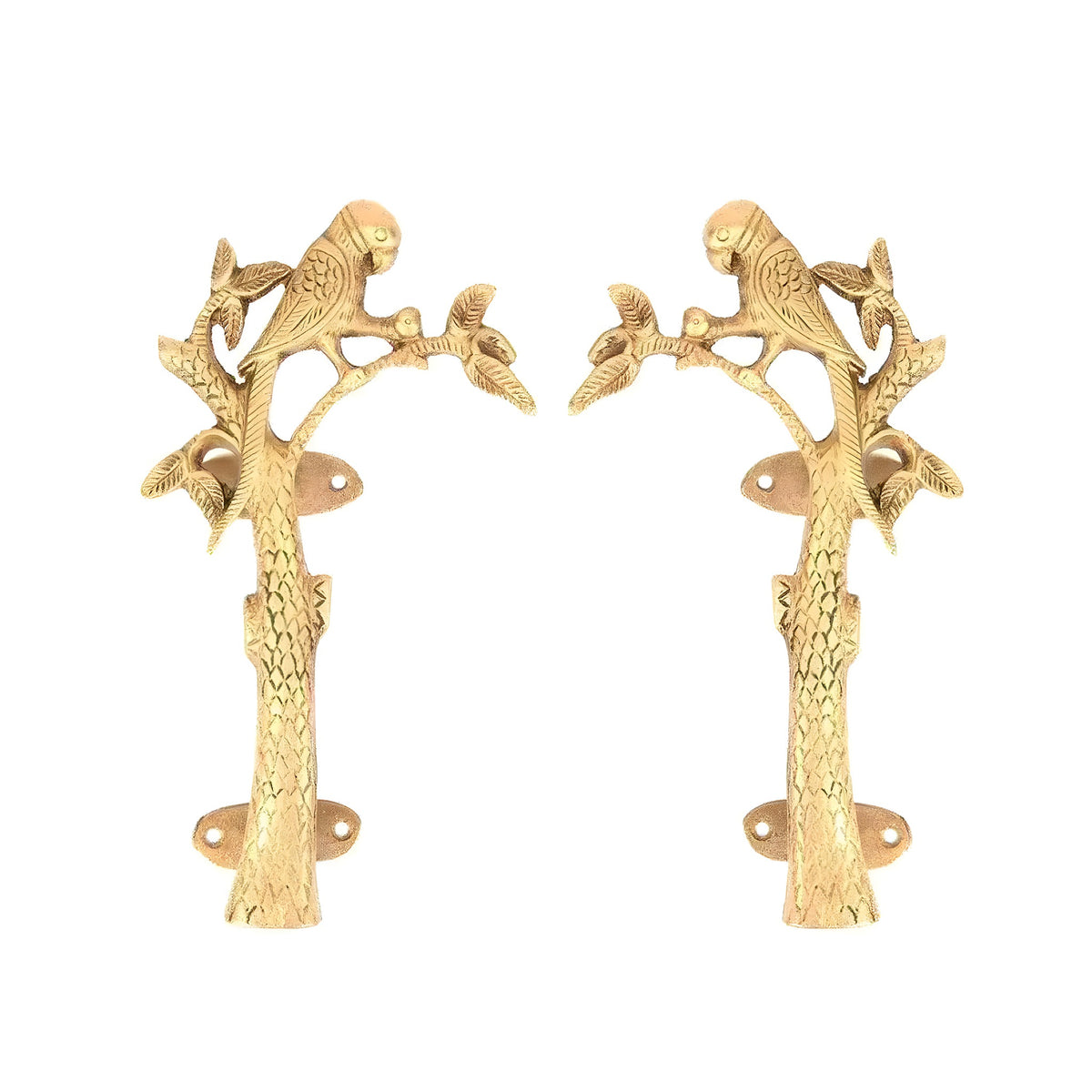 Pair of brass door pulls shaped as a parrot perched on a leafy tree branch
