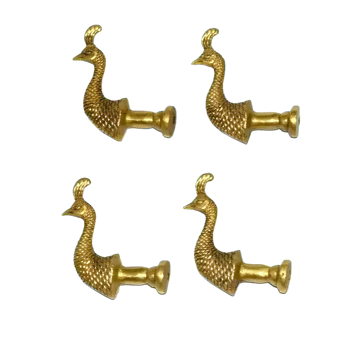 Set of four brass peacock knobs with crested heads and short pedestal posts