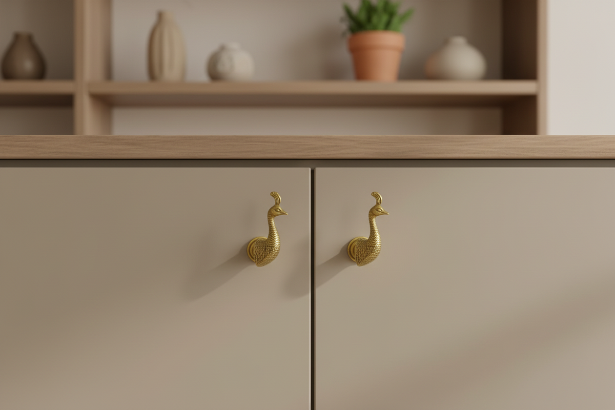 Close-up of a cream-colored cabinet with two doors and ornate, sculptural brass peacock-shaped handles, set against a softly blurred background of light wood shelves and decorative ceramic vases.