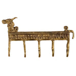 Brass cow-shaped wall key holder with engraved body and five hooks