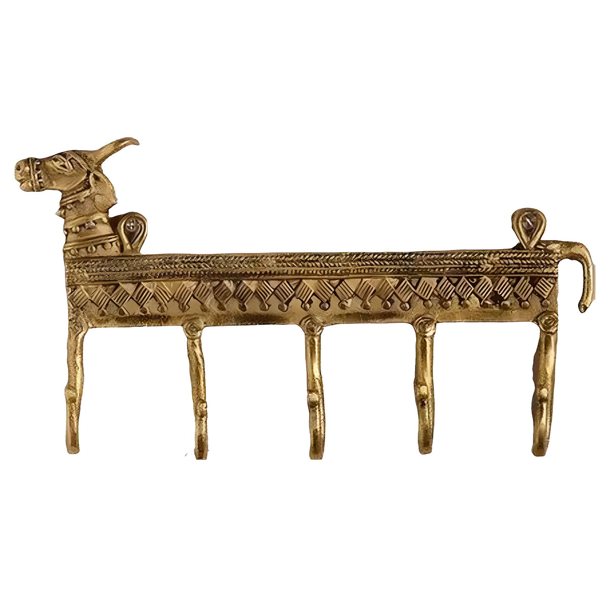 Brass cow-shaped wall key holder with engraved body and five hooks