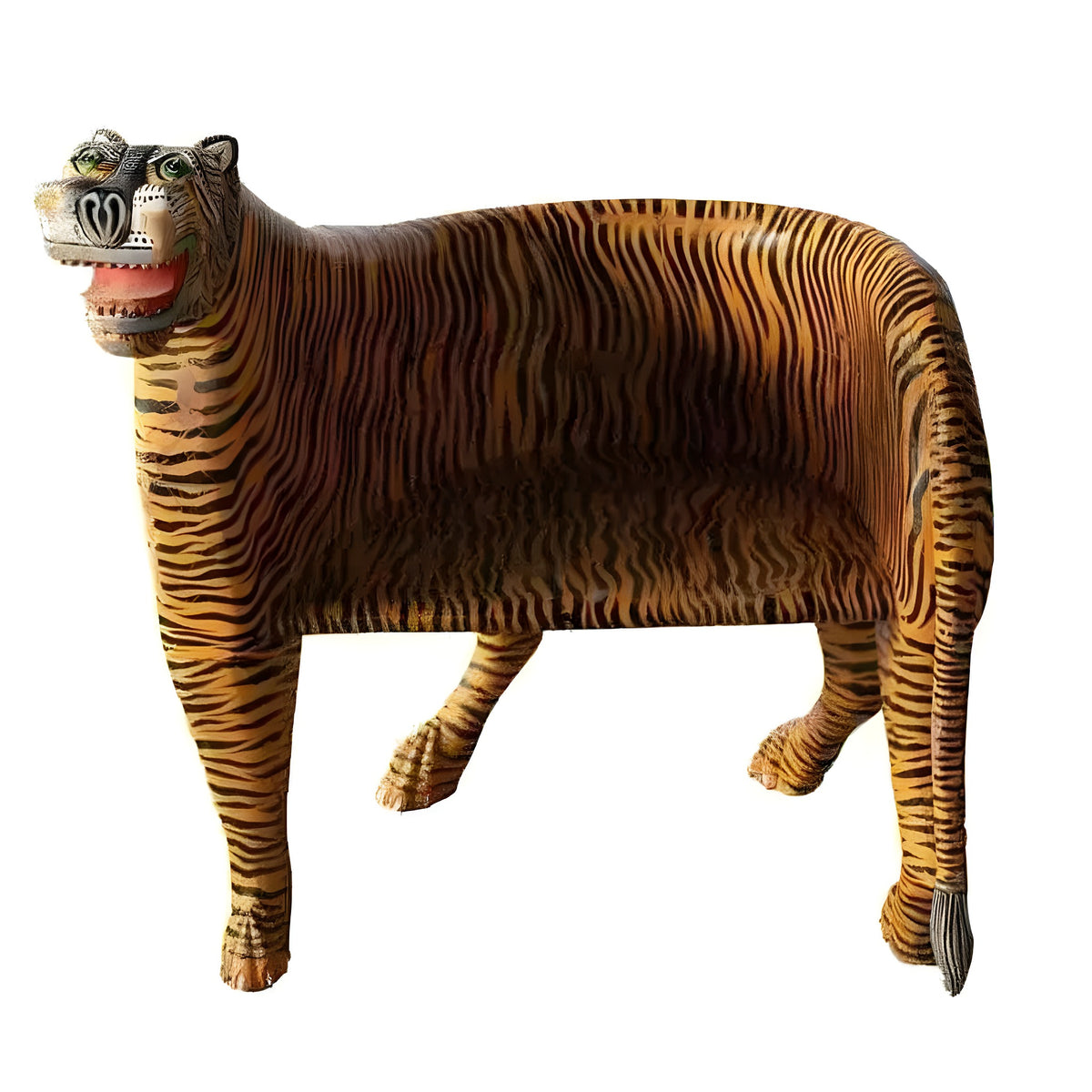 Carved wooden tiger maharaja chair painted with orange-black stripes, open mouth