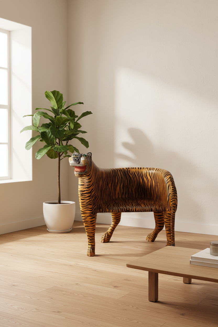 A tiger-shaped decorative sculpture stands on a light wood floor in a bright room with cream walls, a potted plant, and a low wooden table.