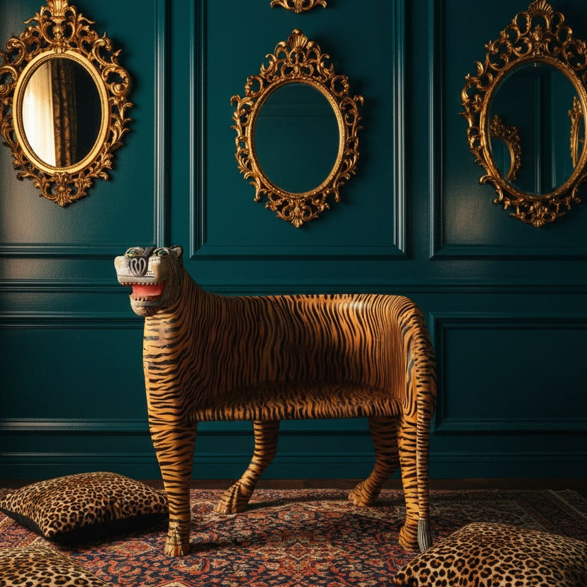 Wooden Tiger Hand Crafted Maharaja Chair styled in a room setting