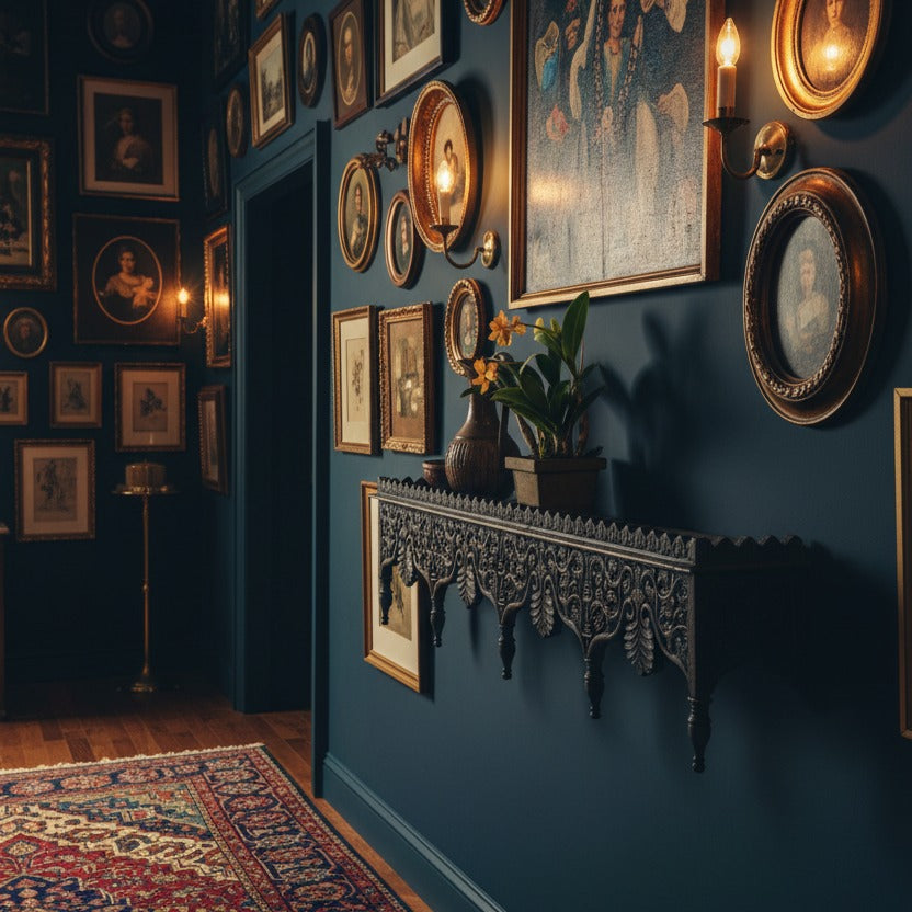 Royal Grime Hand Carved Wooden Wall Shelf styled in a room setting