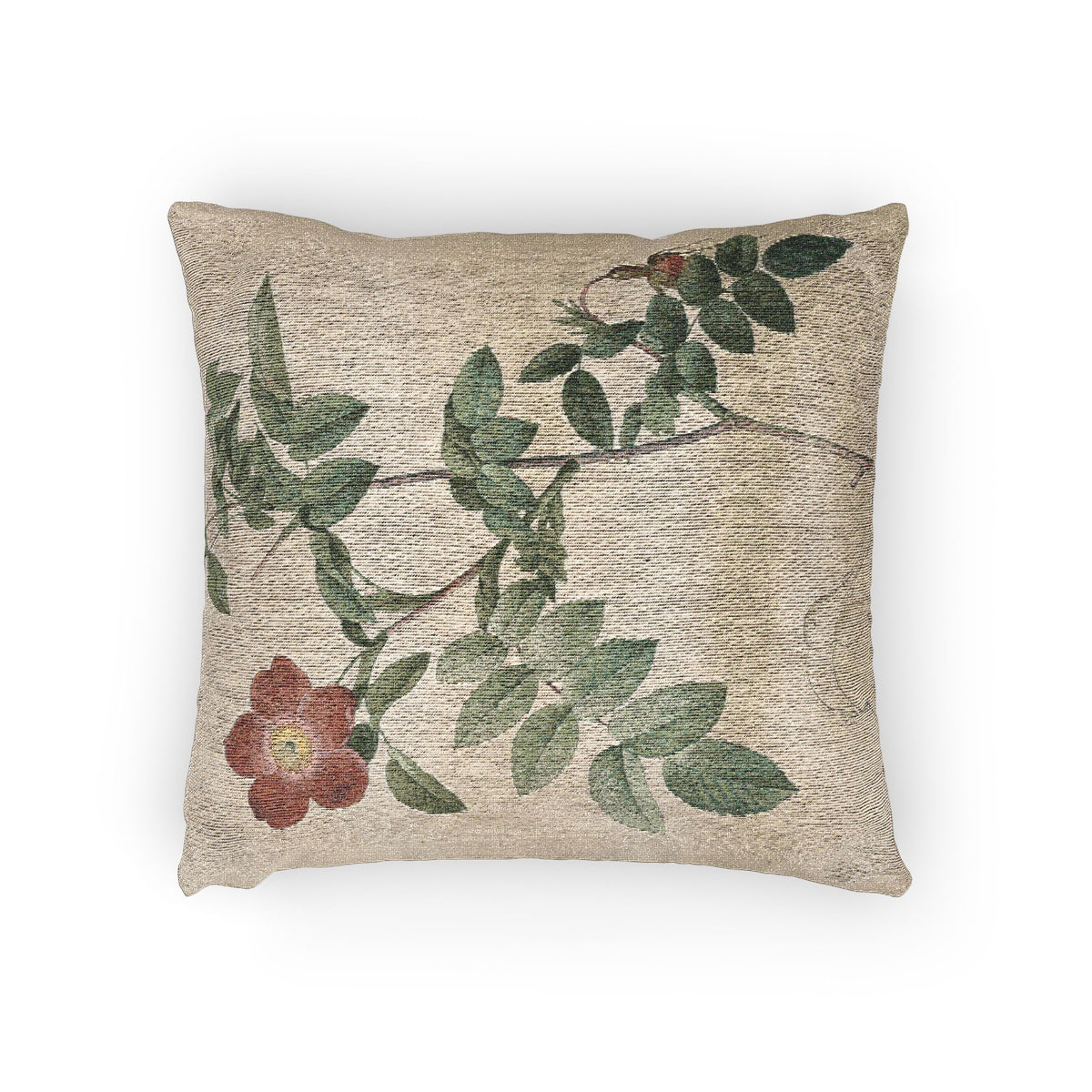 A square decorative throw pillow featuring a botanical pattern of green leaves and a muted red rose on a textured beige background, shown against a plain white studio backdrop.