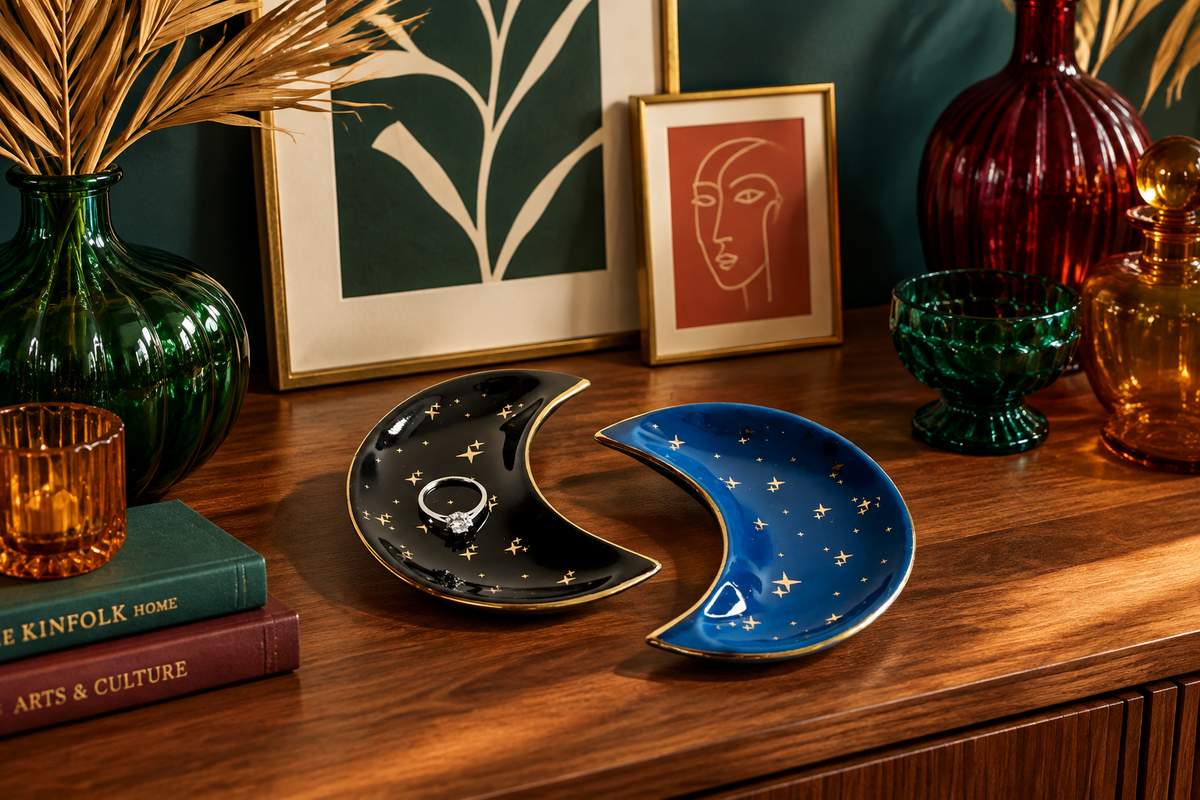 Black and Blue Half Moon Ceramic Trinkets