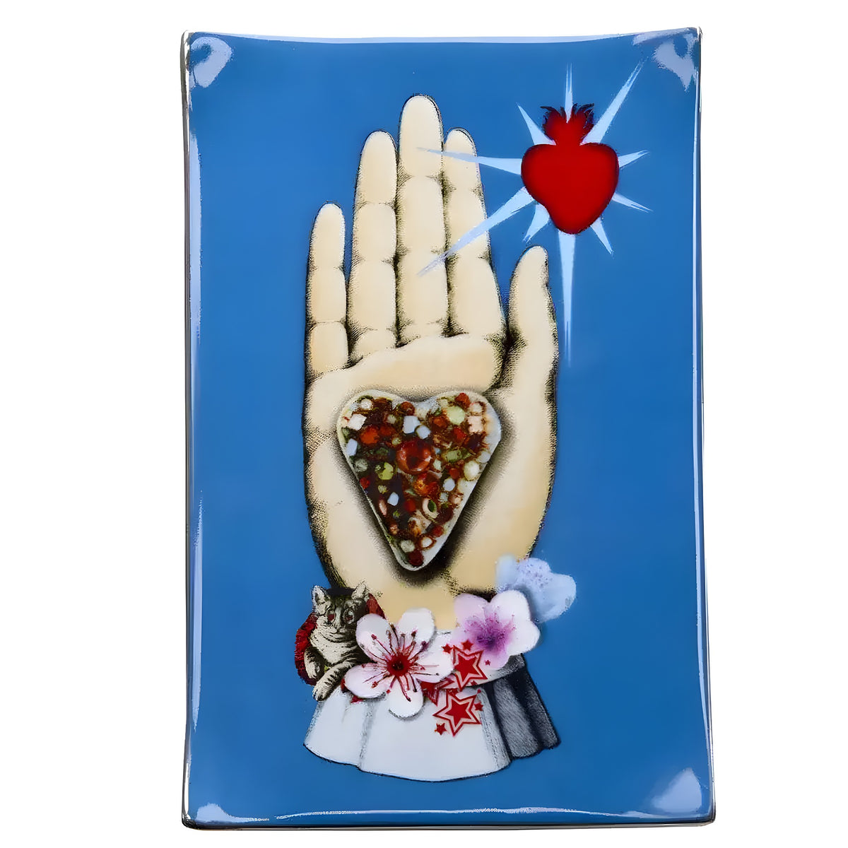 Blue Maison de Jeu porcelain tray with surreal palm holding a jeweled heart and blossoms