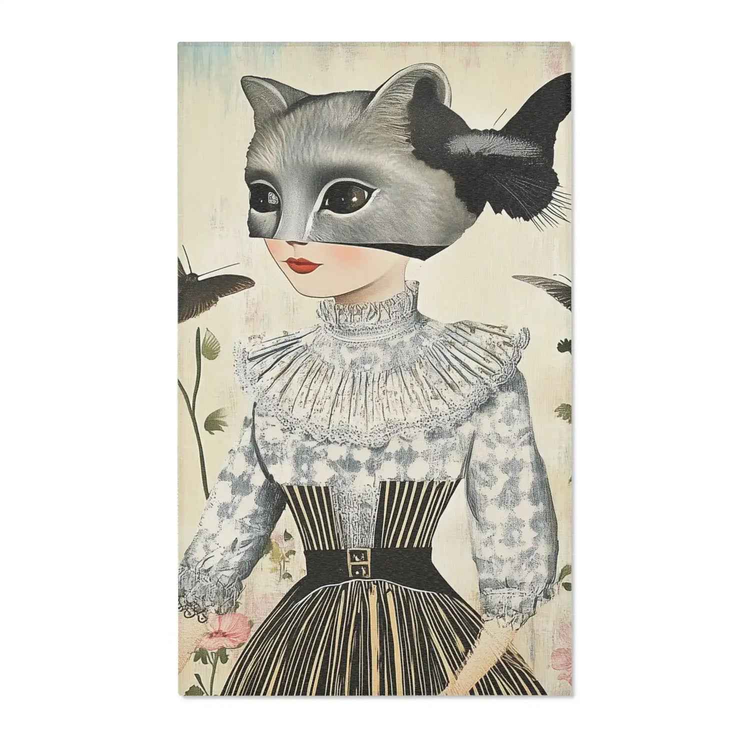 Whimsical Girl with Raccoon Mask and Butterflies Accent Rug