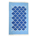 Handwoven Moroccan Blue Tiles Cotton Rug with Fringes