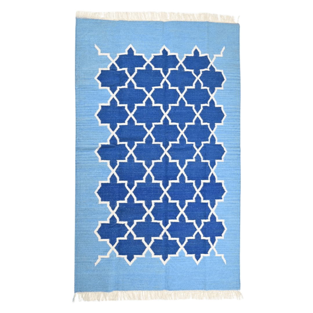 Handwoven Moroccan Blue Tiles Cotton Rug with Fringes