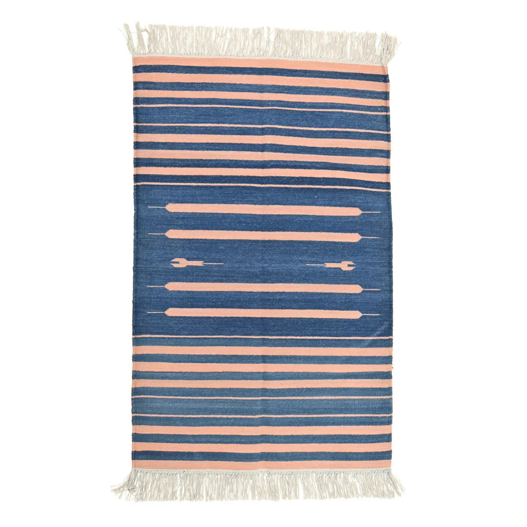 Handwoven Peachy Azure Serenity Fringe Haven Cotton Rug