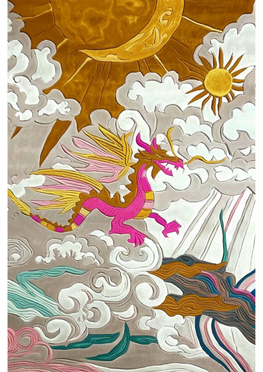 Celestial Dragon Flight Hand Tufted Rug: A mesmerizing depiction of dragons soaring amidst celestial wonders. Hand-tufted with precision, it brings an ethereal touch to your living space."