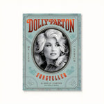 Dolly Parton Songteller book cover, teal with a vintage oval black-and-white portrait