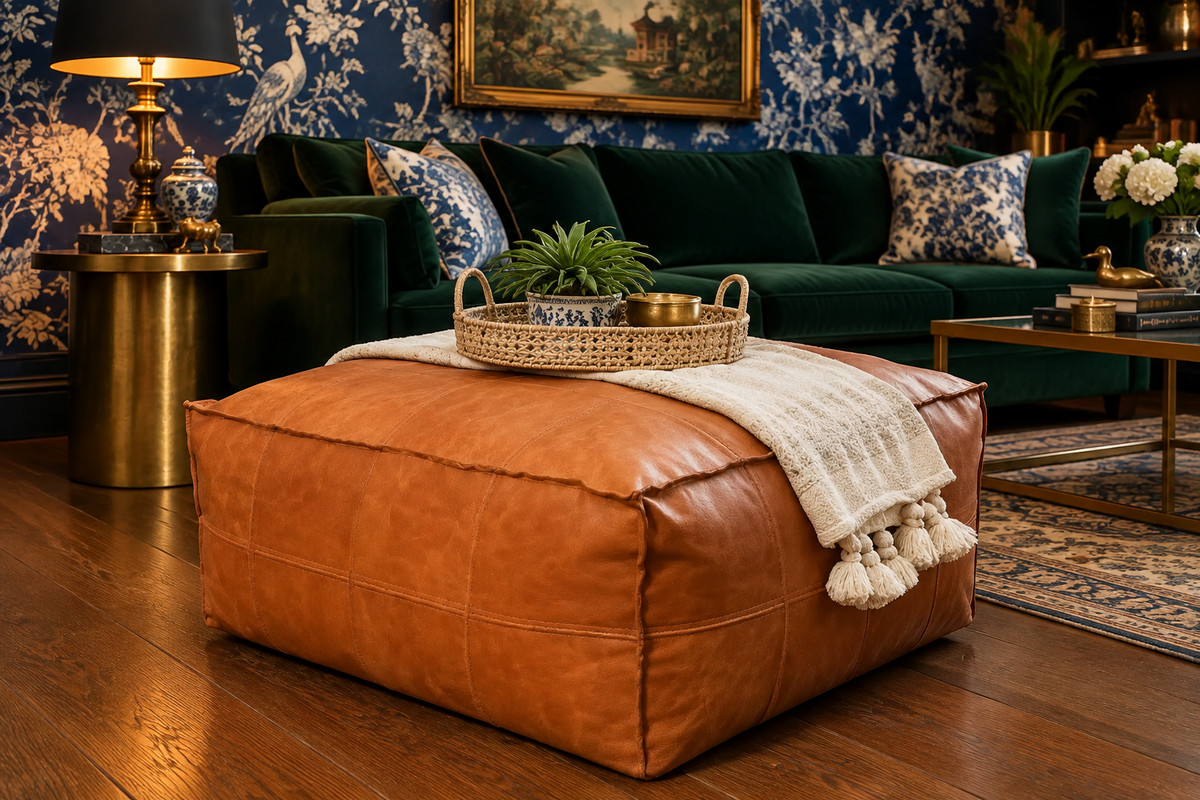 Hand-Crafted Genuine Leather Square Moroccan Pouf Cover