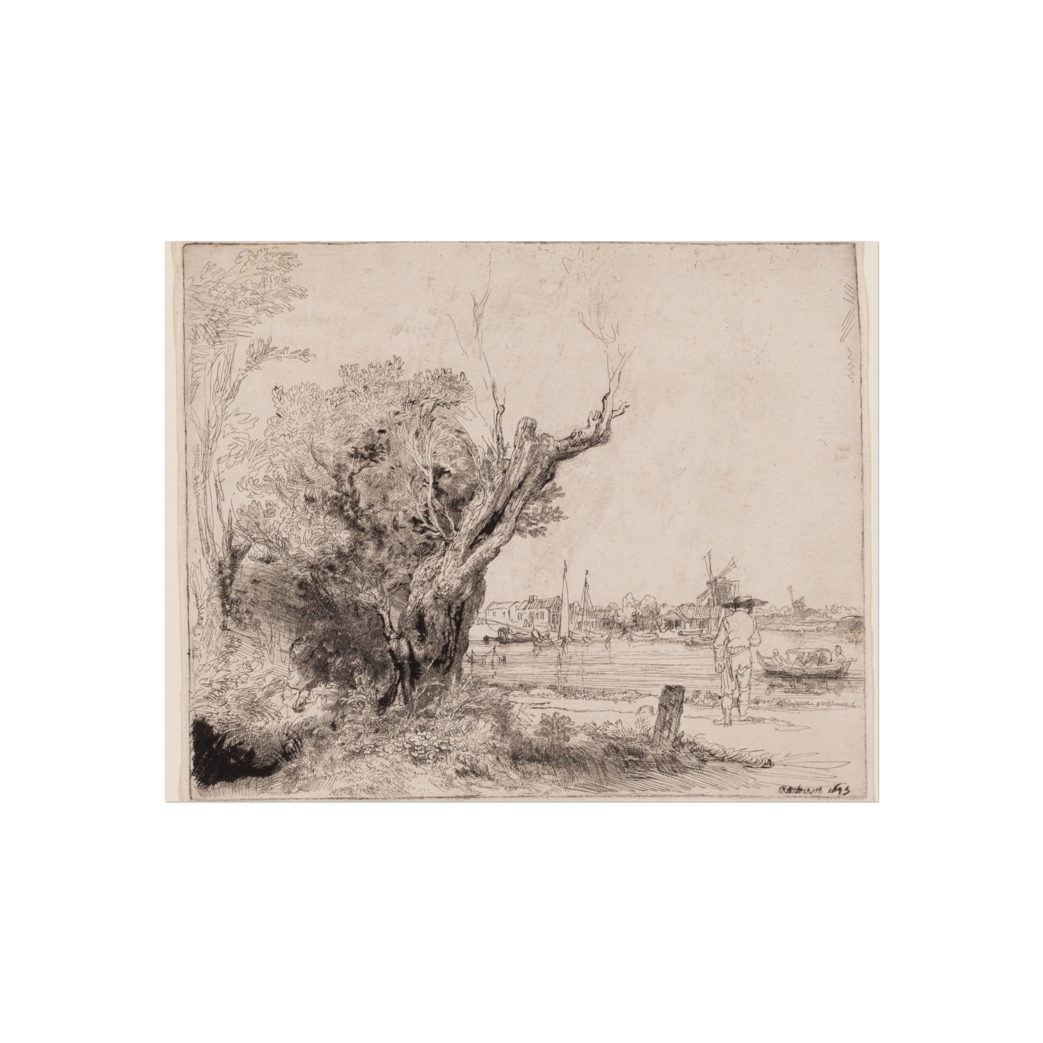 A sepia-toned landscape sketch featuring a large tree in the foreground, a river or canal, distant buildings, and a small figure near a post, presented on a white background.