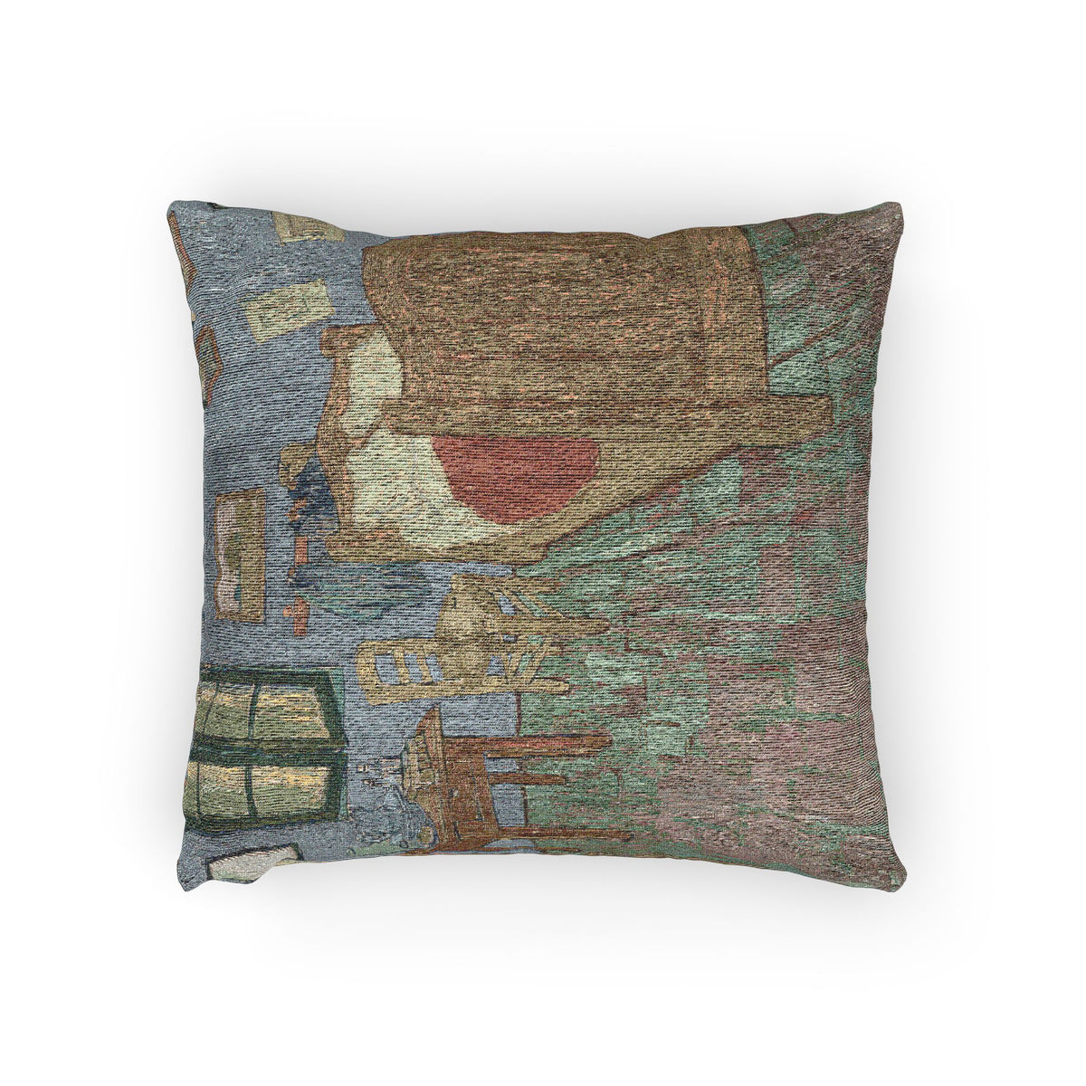 A square decorative throw pillow featuring an abstract, painterly design with a textured, woven appearance in muted tones of blue, brown, green, and red, shown against a plain white background.