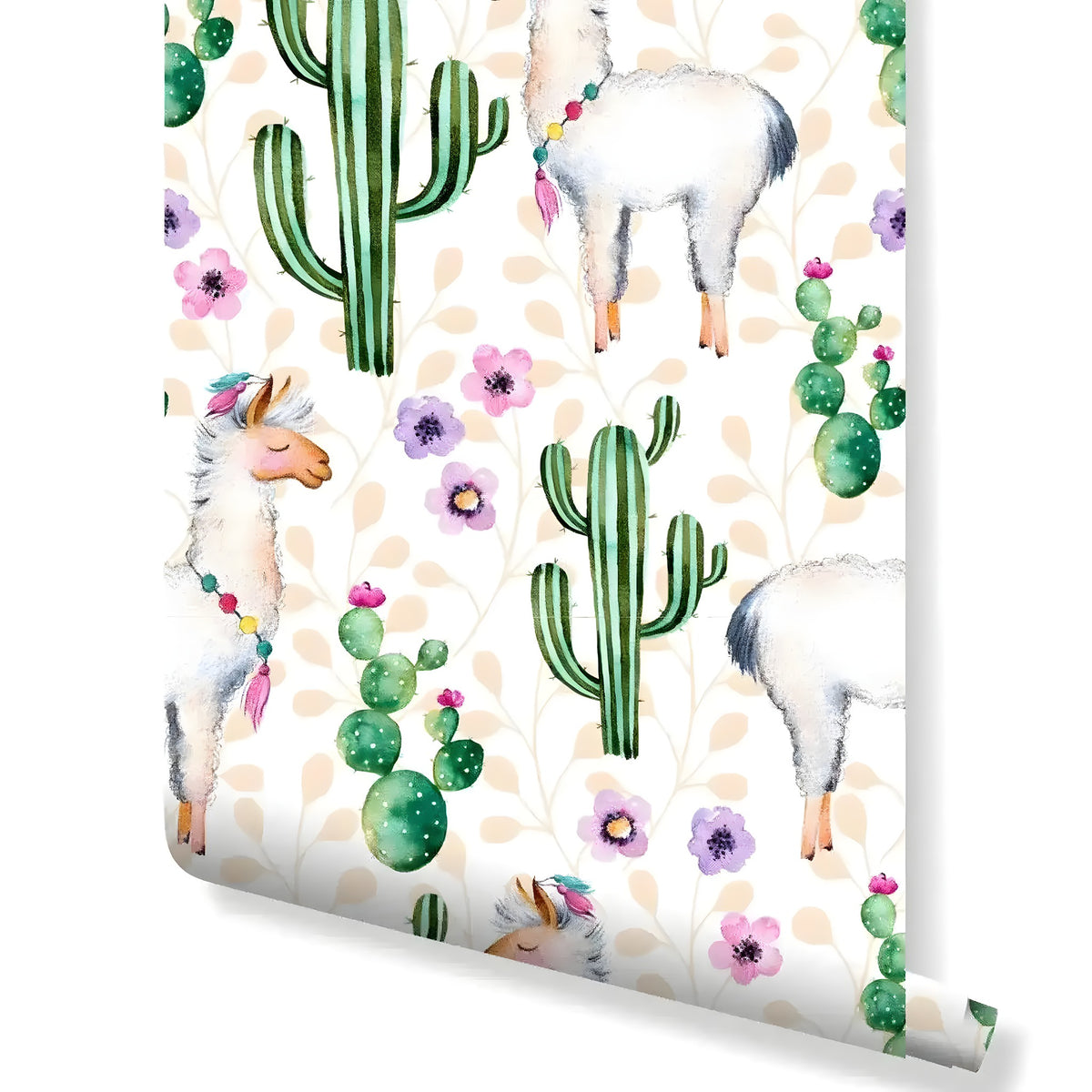 Roll of watercolor cactus llamas wallpaper with white llamas, green cacti and pink flowers on white
