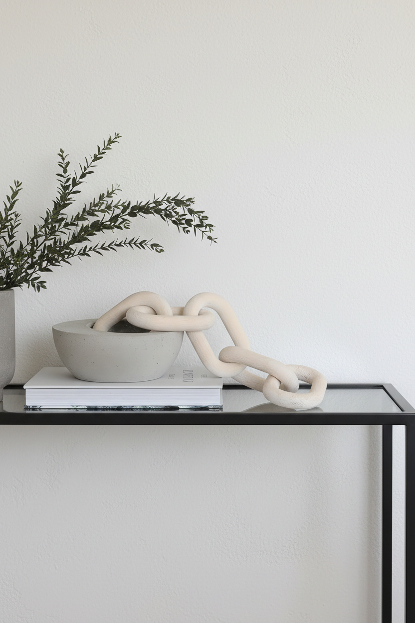 A modern beige chunky chain-link sculpture draped over a matching beige ceramic bowl, styled on a glass-topped console table with a potted plant in the background.
