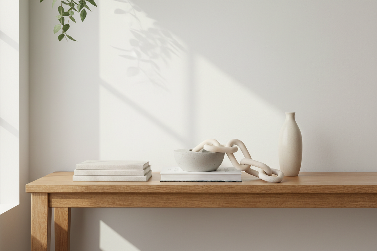 A minimalist interior scene with a light wood console table against a white wall, styled with stacked books, a white bowl, a sculptural cream chain, and a tall cream vase. Sunlight casts soft shadows from a hanging plant onto the wall.