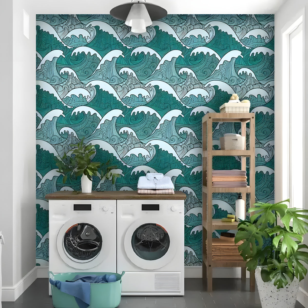 Teal oriental wave wallpaper in laundry room with washer, wood shelf and plants