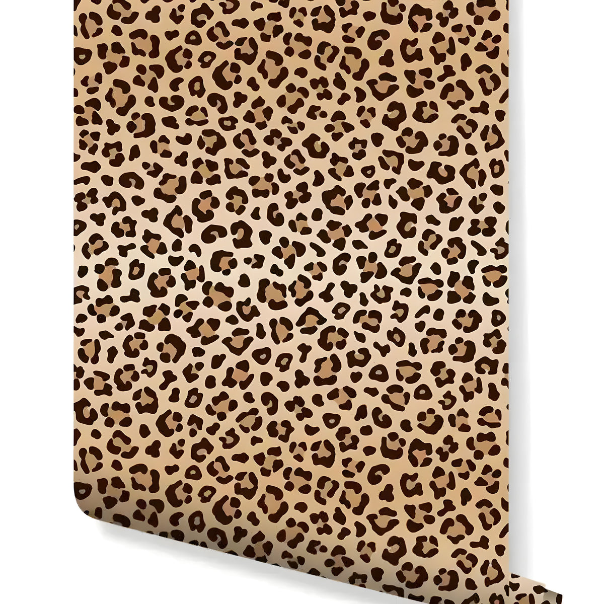 Roll of brown and tan leopard spot wallpaper showing the animal-print pattern