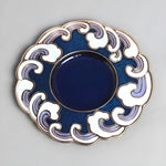 Cobalt blue enamel incense dish with white and lavender wave border, top view