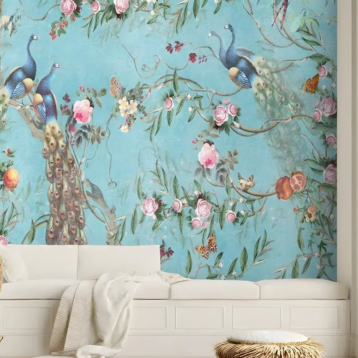 Turquoise peacock and floral chinoiserie wallpaper behind a white daybed bench