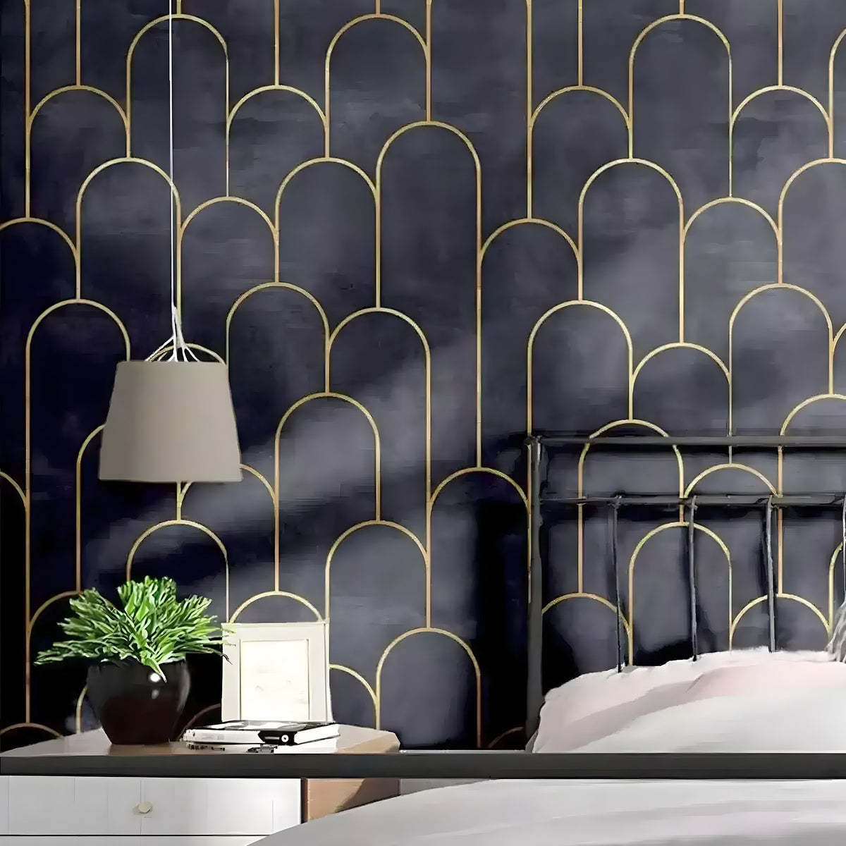 Black and gold pillars wallpaper with art deco arches in a bedroom with pendant lamp