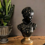 Maria Antoinette bust in dark bronze finish with ornate gown and ruff collar on gold pedestal