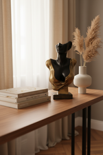A styled interior scene showing a black and gold bust sculpture on a wooden console table beside a white vase with pampas grass, with books and sheer curtains in the background.