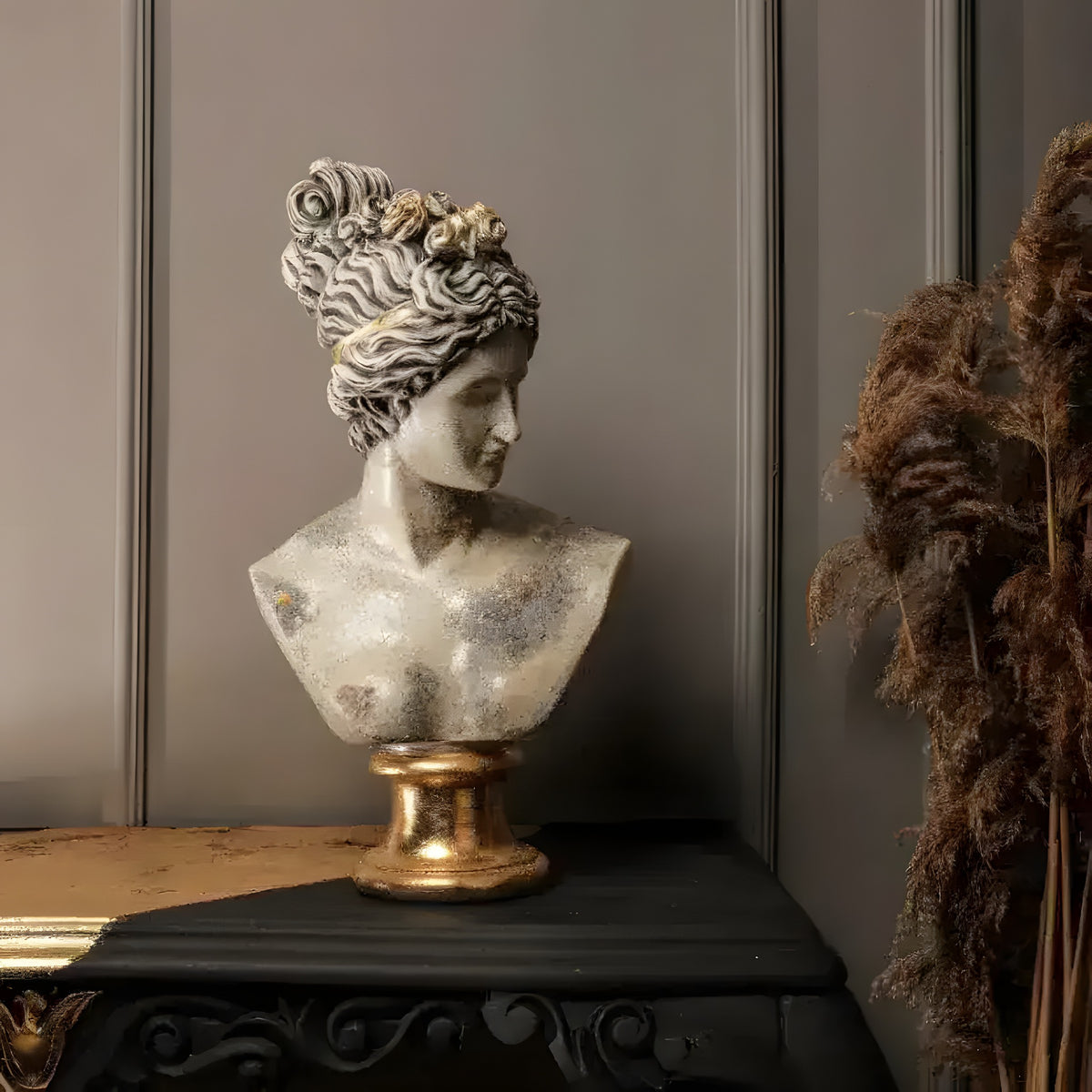 Artemis Diana bust with cream crackle finish and gold-touched updo on gold pedestal